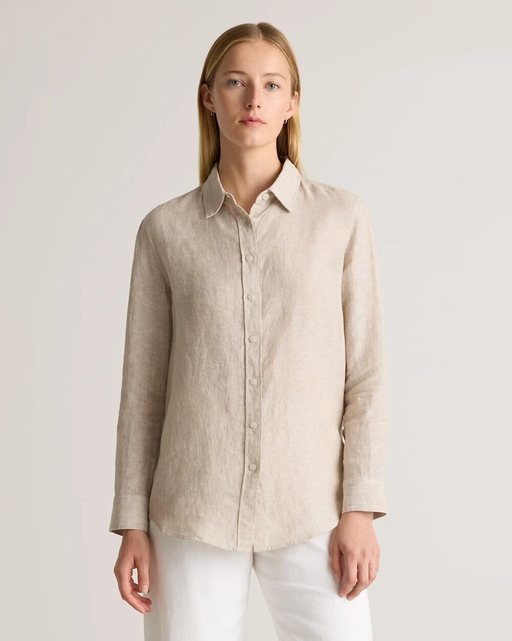 Quince European Linen Driftwood Beige Long Sleeve Shirt Small